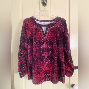 Soft Surroundings Size M Ottoman Velvet Top Blouse Aztec Pattern Black Pink